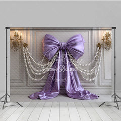 Aperturee - Aperturee Elegant Lavender Satin Bow and Pearl Strands Photography Backdrop White Paneled Wall with Gold Chandeliers