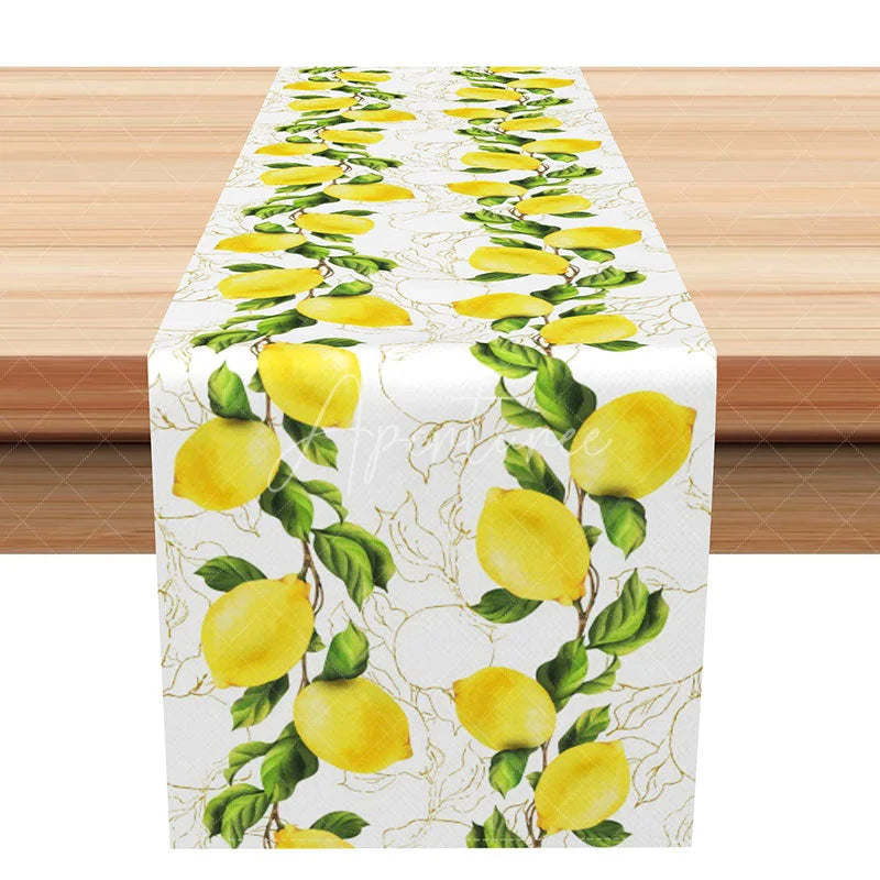 Aperturee - Aperturee Elegant Lemon Table Runner with Gold Leaves on White Modern Summer Citrus Print for Kitchen Dining Decor