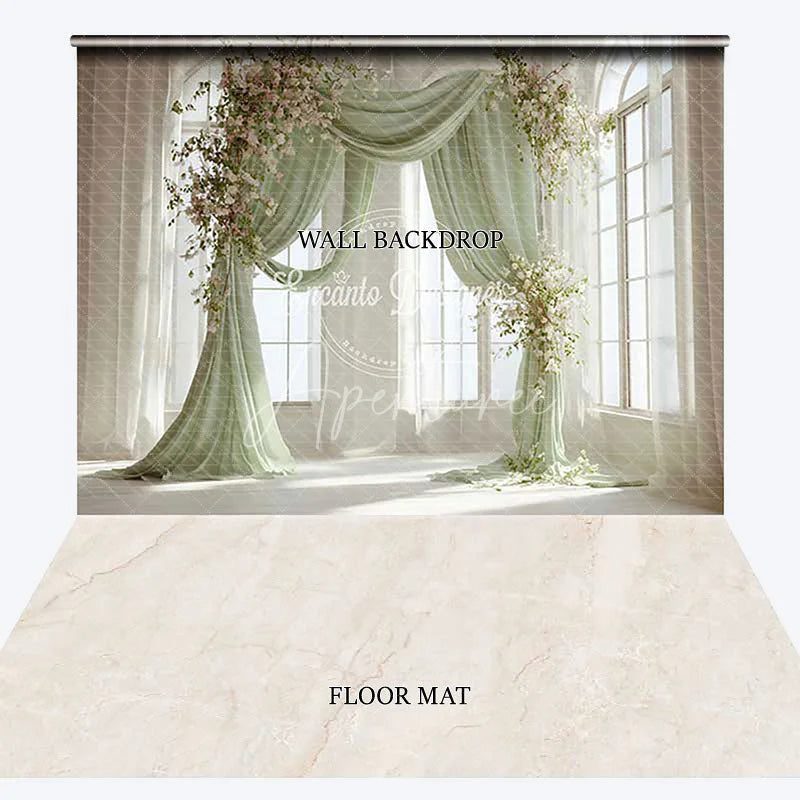 Aperturee - Aperturee Elegant Light Green Drapes Floral Arch Combo Set Backdrop Arched Windows Marble Floor for Wedding Photography