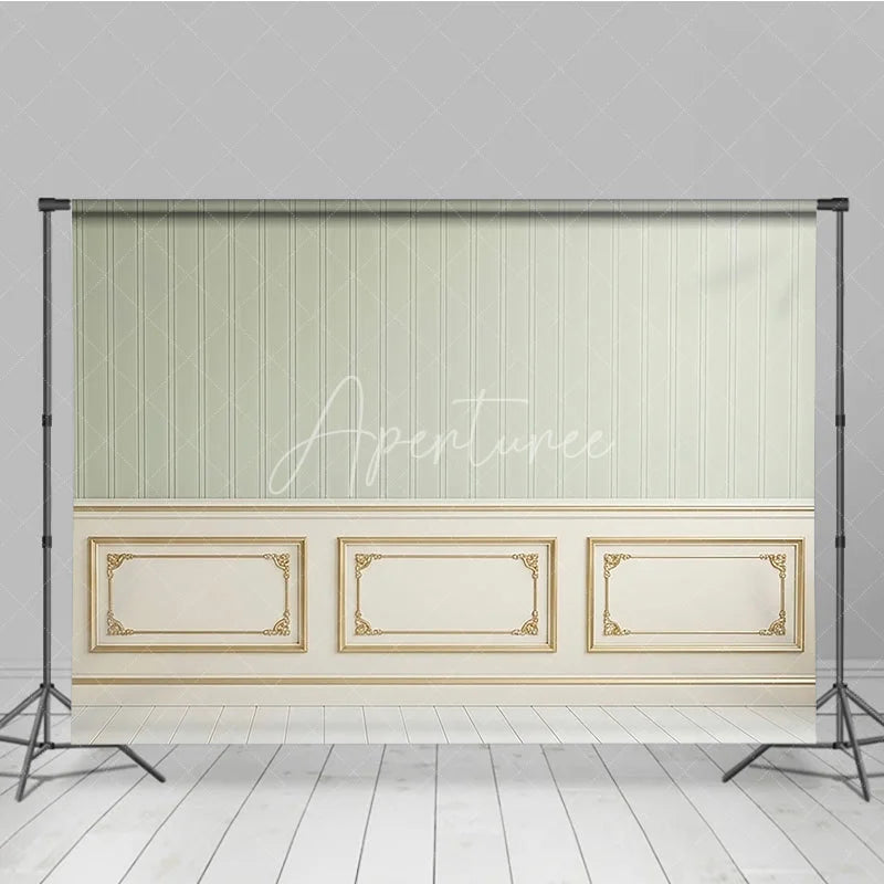 Aperturee - Aperturee Elegant Light Green Striped Wallpaper and Gold Trim Wainscoting Photography Backdrop Classic Interior Decor
