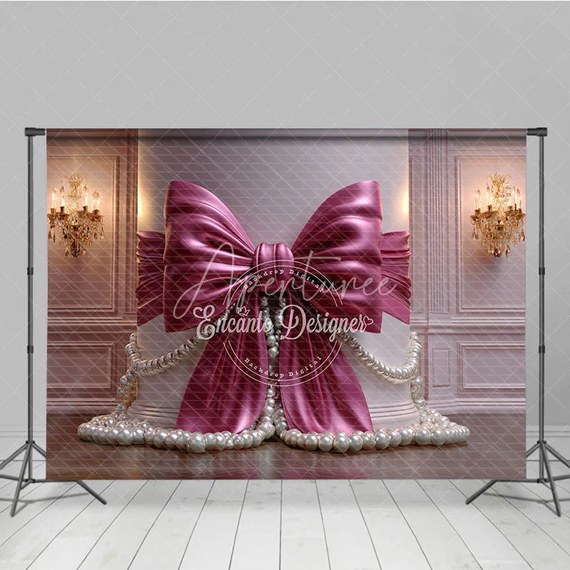 Aperturee - Aperturee Elegant Magenta Satin Bow and Pearl Photography Backdrop with a Classic Column and Ornate Chandeliers