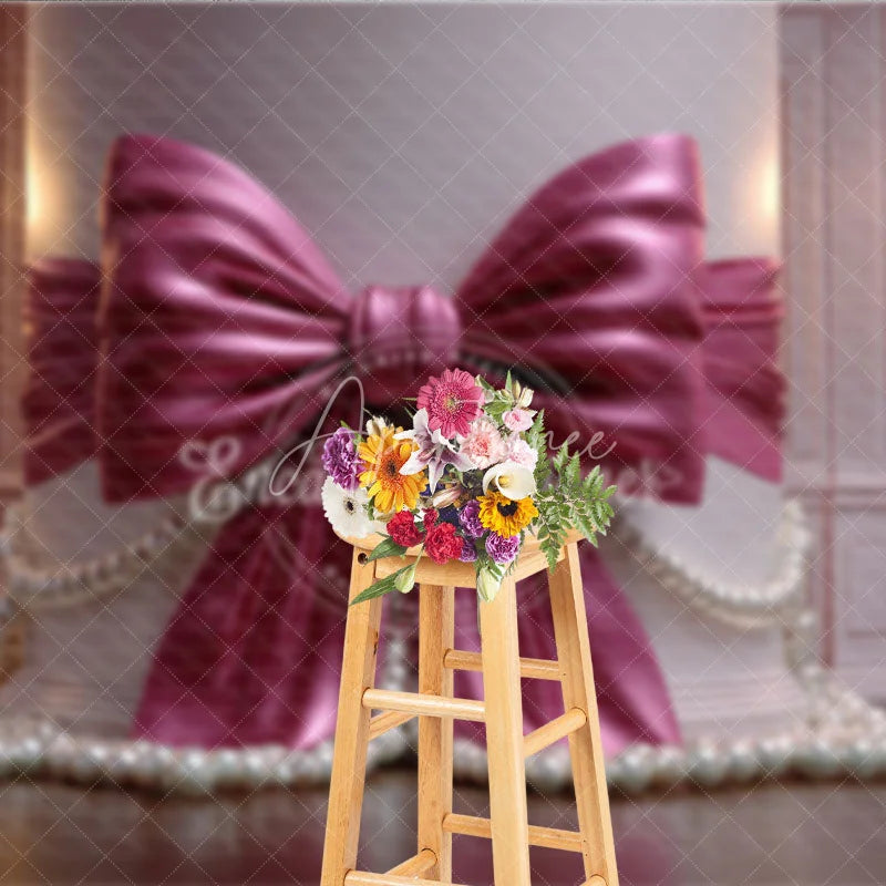 Aperturee - Aperturee Elegant Magenta Satin Bow and Pearl Photography Backdrop with a Classic Column and Ornate Chandeliers