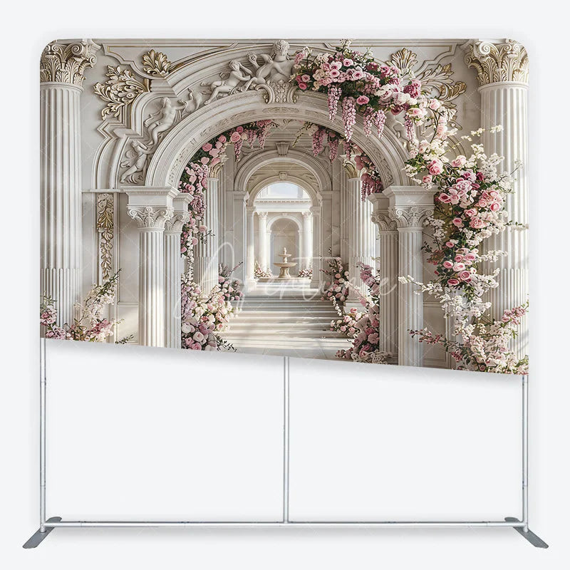Aperturee - Aperturee Elegant Marble Archway Square Tension Backdrop Pink Floral Garland White Column Luxury for Wedding Party Photography