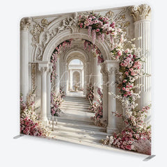 Aperturee - Aperturee Elegant Marble Archway Square Tension Backdrop Pink Floral Garland White Column Luxury for Wedding Party Photography