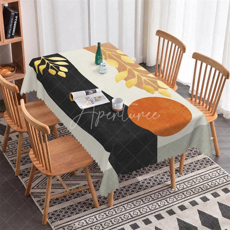 Aperturee - Aperturee Elegant Modern Abstract Golden Leaf Rectangle Tablecloth Black Terracotta Grey Dining Decor for Home