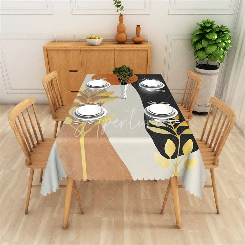 Aperturee - Aperturee Elegant Modern Abstract Golden Leaf Rectangle Tablecloth Black Terracotta Grey Dining Decor for Home