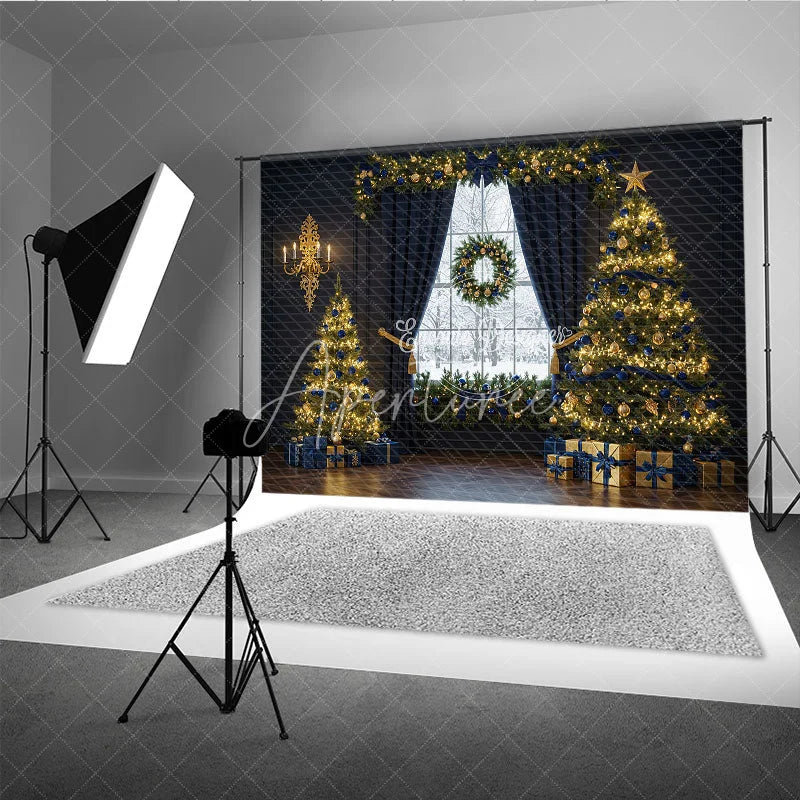 Aperturee - Aperturee Elegant Navy Blue and Gold Christmas Photography Backdrop Snowy Window with Trees Luxury Holiday Photo Background