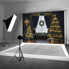 Aperturee - Aperturee Elegant Navy Blue and Gold Christmas Photography Backdrop Snowy Window with Trees Luxury Holiday Photo Background