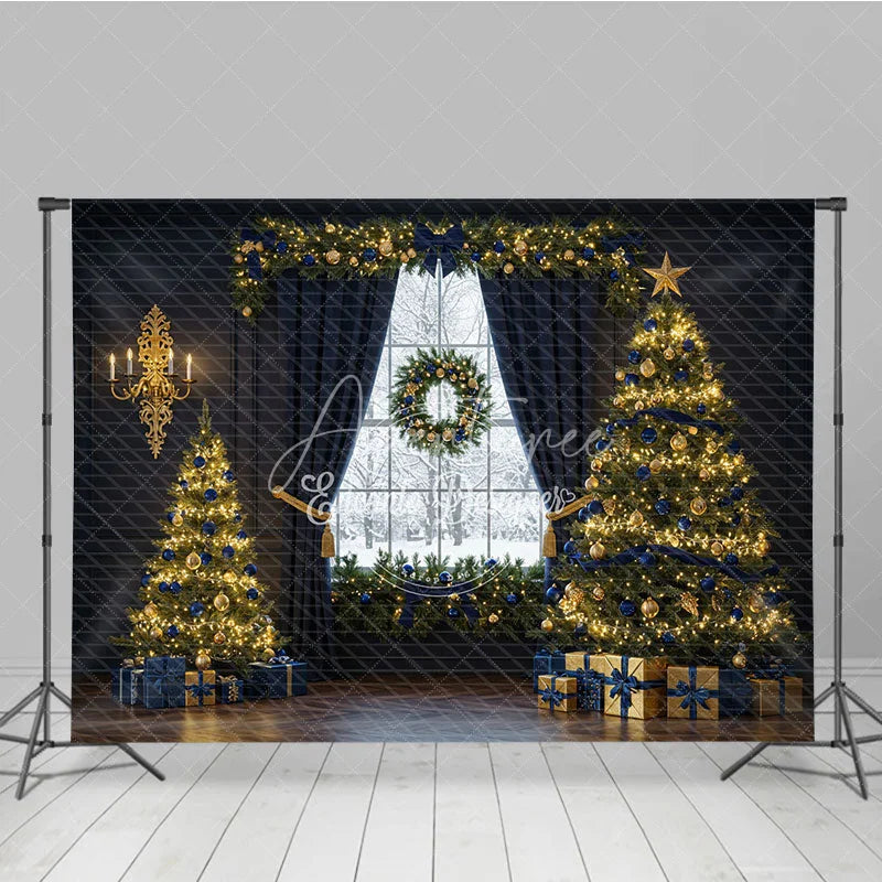 Aperturee - Aperturee Elegant Navy Blue and Gold Christmas Photography Backdrop Snowy Window with Trees Luxury Holiday Photo Background