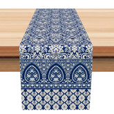 Aperturee - Aperturee Elegant Navy Blue and White Damask Table Runner Vintage Paisley Border Formal Dining Table Decor