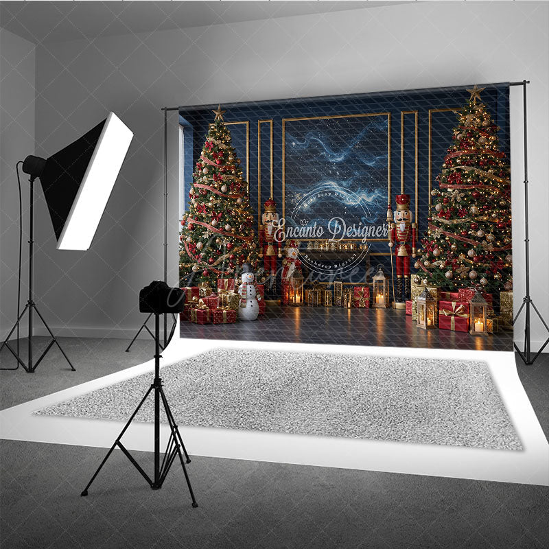 Aperturee - Aperturee Elegant Navy Blue Christmas Photography Backdrop Nutcrackers and Snowman Starry Night Holiday Photo Background