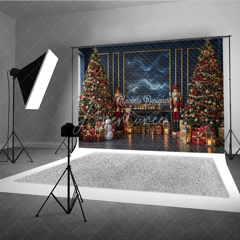 Aperturee - Aperturee Elegant Navy Blue Christmas Photography Backdrop Nutcrackers and Snowman Starry Night Holiday Photo Background