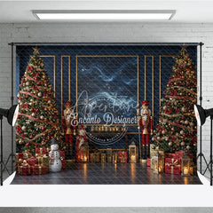 Aperturee - Aperturee Elegant Navy Blue Christmas Photography Backdrop Nutcrackers and Snowman Starry Night Holiday Photo Background
