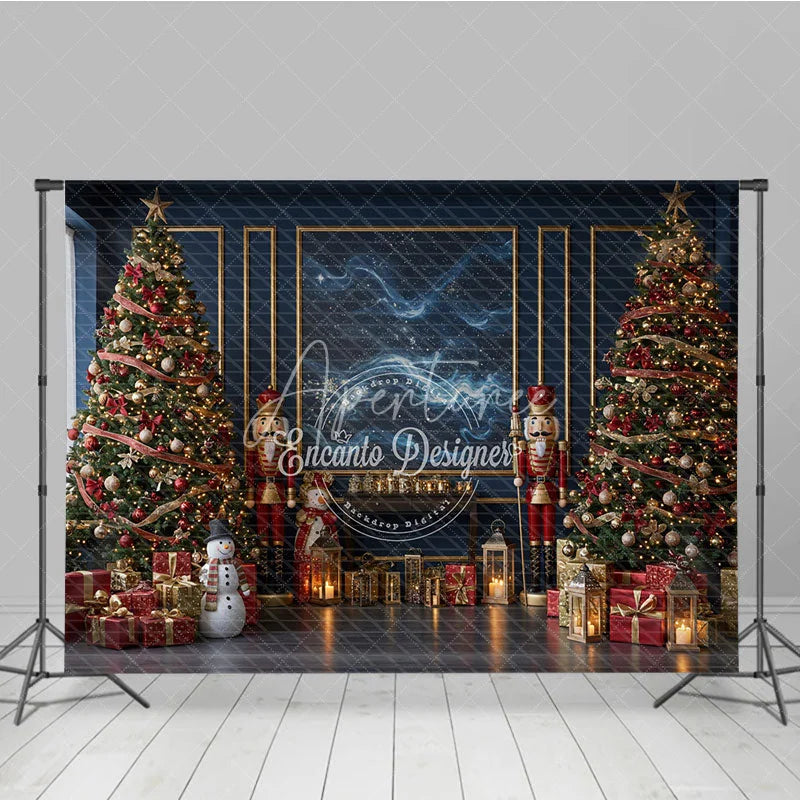 Aperturee - Aperturee Elegant Navy Blue Christmas Photography Backdrop Nutcrackers and Snowman Starry Night Holiday Photo Background