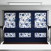 Aperturee Aperturee Elegant Navy Blue Wall Photography Backdrop Chinoiserie Style with Floral Panels Fine Art Studio Photo Prop