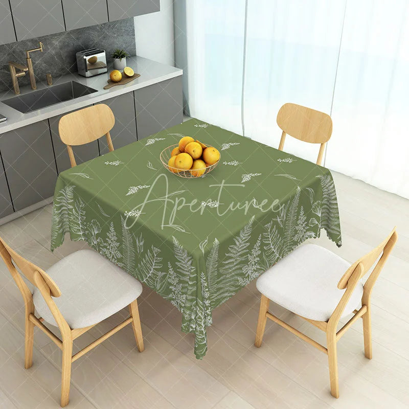 Aperturee - Aperturee Elegant Olive Green Rectangle Tablecloth with White Fern Botanical Leaf Pattern Rustic Dining Decor