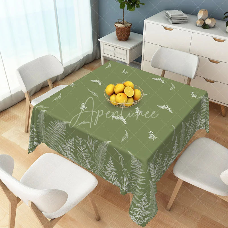 Aperturee - Aperturee Elegant Olive Green Rectangle Tablecloth with White Fern Botanical Leaf Pattern Rustic Dining Decor