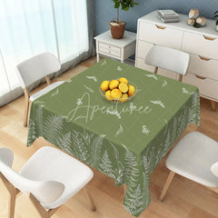 Aperturee - Aperturee Elegant Olive Green Rectangle Tablecloth with White Fern Botanical Leaf Pattern Rustic Dining Decor