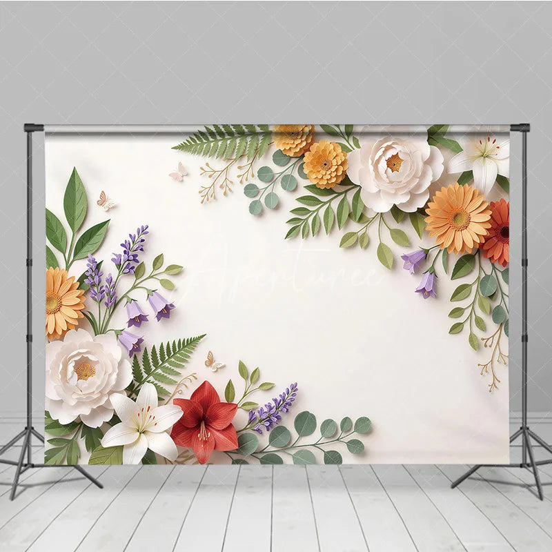 Aperturee - Aperturee Elegant Paper Cut Floral and Green Leaves Photography Backdrop with Butterflies Spring Summer Party Decor