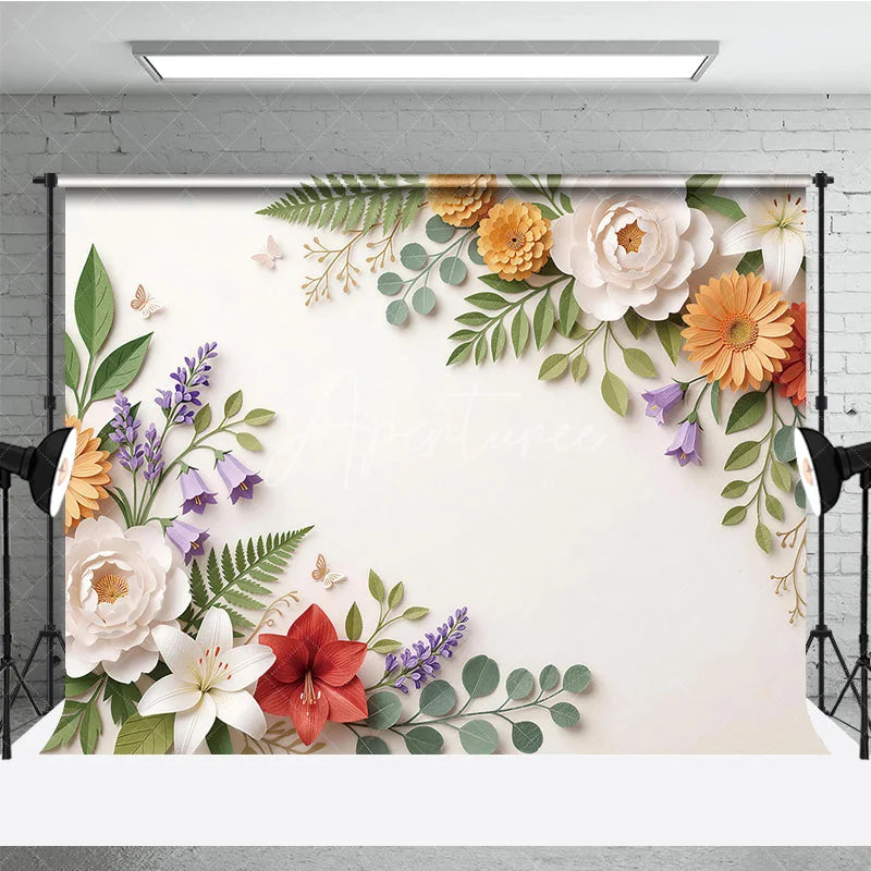 Aperturee - Aperturee Elegant Paper Cut Floral and Green Leaves Photography Backdrop with Butterflies Spring Summer Party Decor
