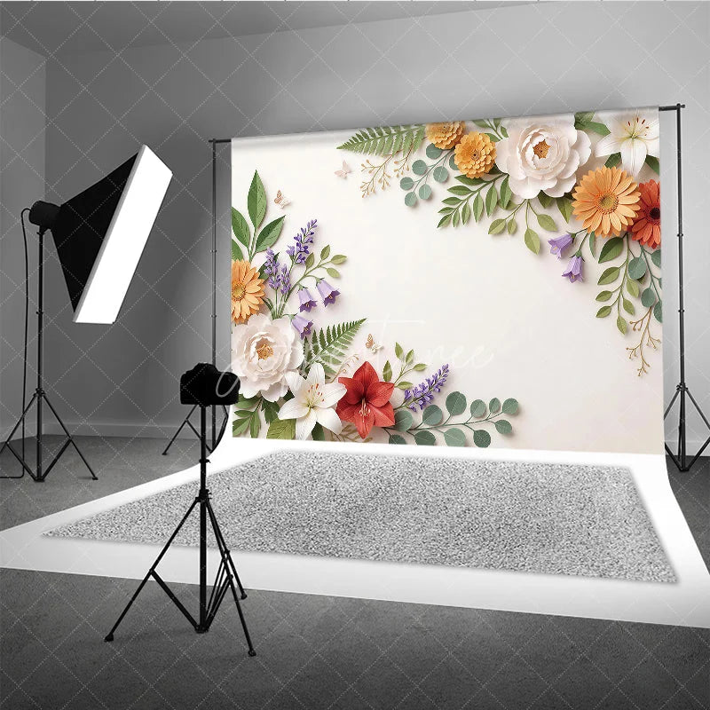 Aperturee - Aperturee Elegant Paper Cut Floral and Green Leaves Photography Backdrop with Butterflies Spring Summer Party Decor
