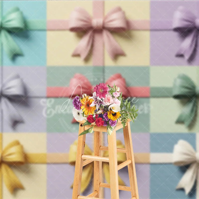 Aperturee - Aperturee Elegant Pastel Bows Gift Wrap Photography Backdrop Multi-Color Textured Design for Baby Shower and Birthday Party
