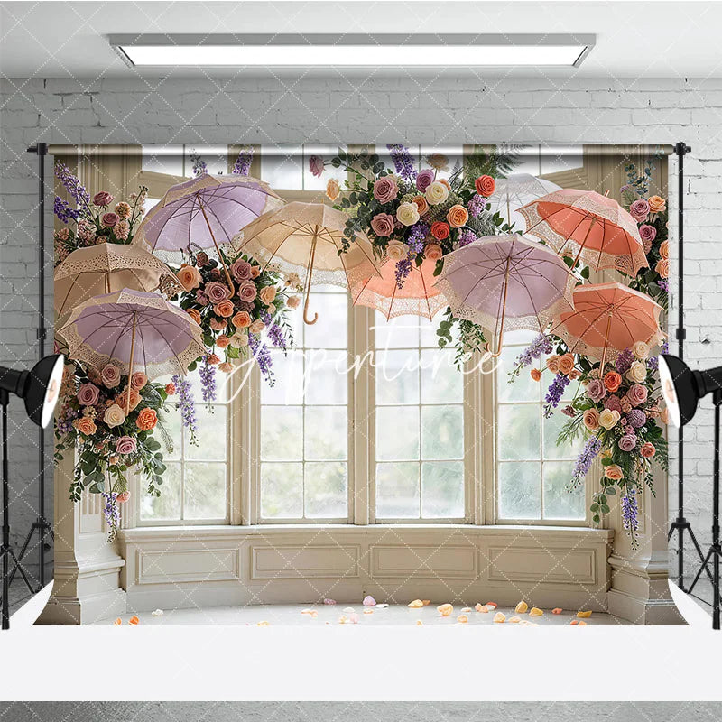 Aperturee - Aperturee Elegant Pastel Floral and Lace Umbrella Window Photography Backdrop Romantic Wedding Bridal Shower Decor
