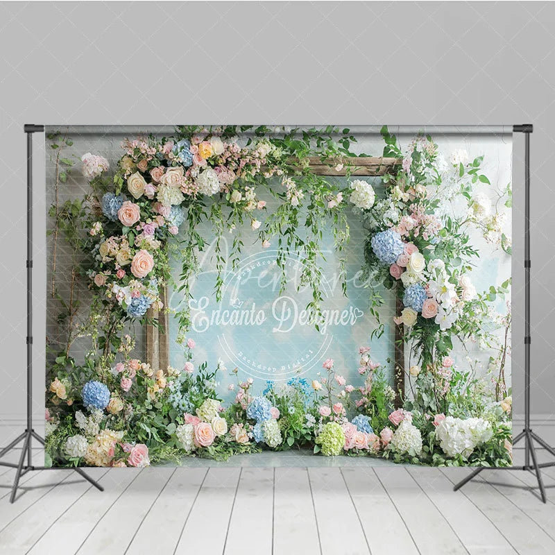 Aperturee - Aperturee Elegant Pastel Floral Arch Photography Backdrop Pink and Blue Flowers with Lush Greenery for Wedding Baby Shower