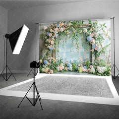 Aperturee - Aperturee Elegant Pastel Floral Arch Photography Backdrop Pink and Blue Flowers with Lush Greenery for Wedding Baby Shower
