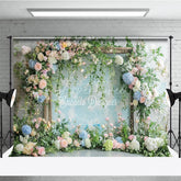 Aperturee - Aperturee Elegant Pastel Floral Arch Photography Backdrop Pink and Blue Flowers with Lush Greenery for Wedding Baby Shower