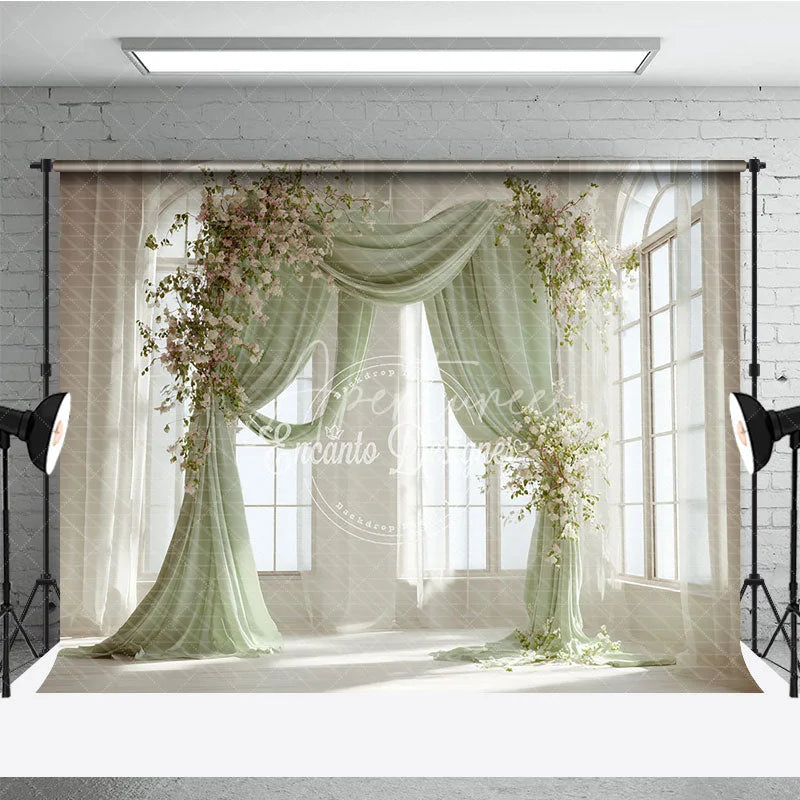 Aperturee - Aperturee Elegant Pastel Green Draped Arch Photography Backdrop with White and Pink Flowers Wedding and Baby Shower Decor