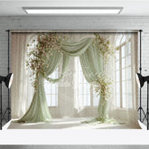 Aperturee - Aperturee Elegant Pastel Green Draped Arch Photography Backdrop with White and Pink Flowers Wedding and Baby Shower Decor
