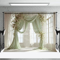 Aperturee - Aperturee Elegant Pastel Green Draped Arch Photography Backdrop with White and Pink Flowers Wedding and Baby Shower Decor