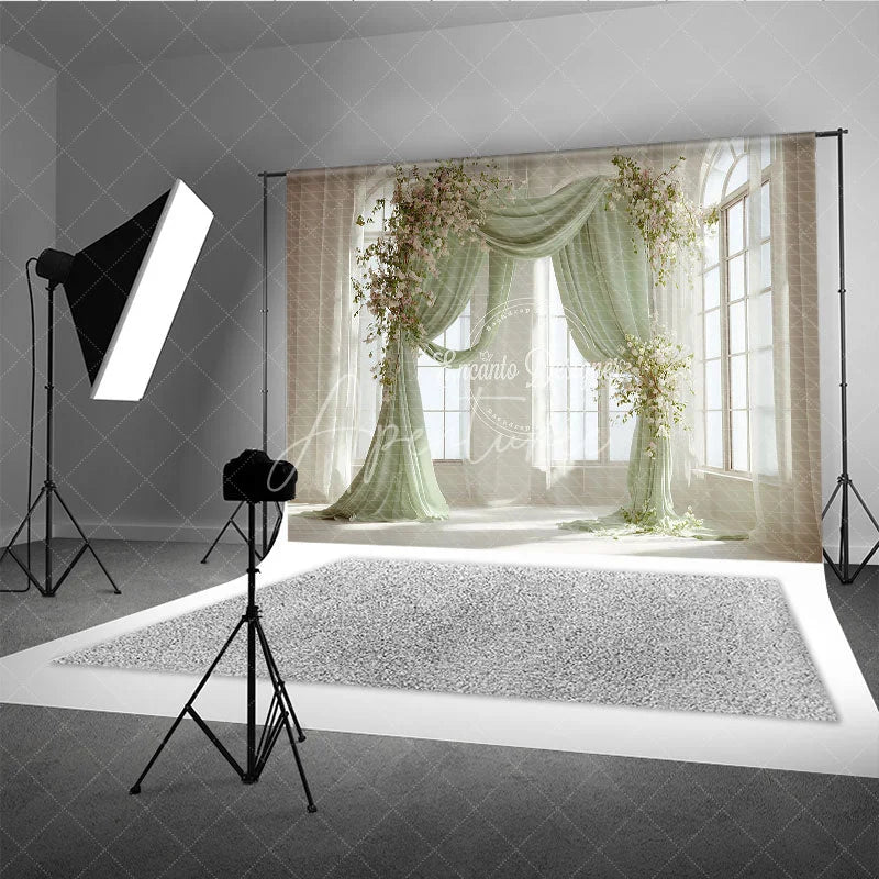 Aperturee - Aperturee Elegant Pastel Green Draped Arch Photography Backdrop with White and Pink Flowers Wedding and Baby Shower Decor