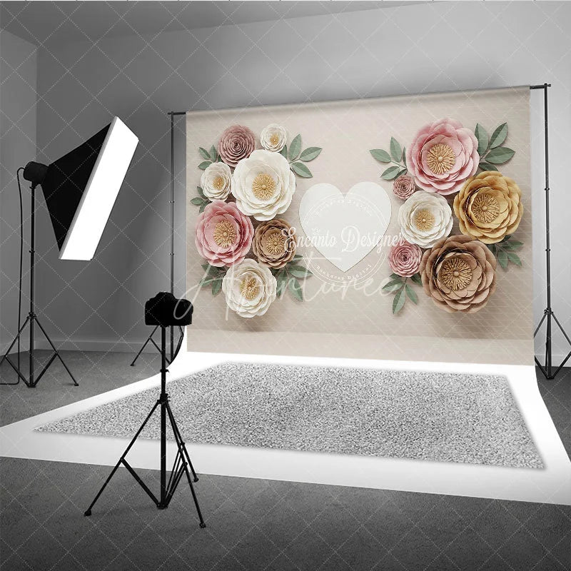 Aperturee - Aperturee Elegant Pastel Paper Flowers Photography Backdrop with a White Heart ideal for Baby Shower and Wedding Celebrations