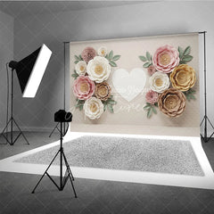 Aperturee - Aperturee Elegant Pastel Paper Flowers Photography Backdrop with a White Heart ideal for Baby Shower and Wedding Celebrations