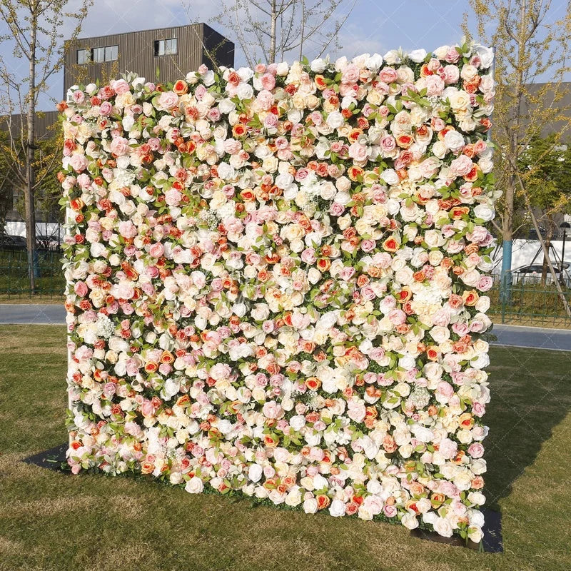 Aperturee - Aperturee Elegant Pastel Pink and Cream Artificial Flower Wall Romantic Rose and Green Foliage Backdrop for Wedding Party Decor