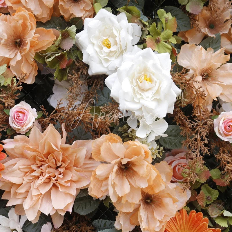 Aperturee - Aperturee Elegant Peach and Cream Artificial Flower Wall Lush Blush Pink and Orange Flowers for Wedding Party Decor