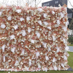 Aperturee - Aperturee Elegant Peach and Pink Artificial Flower Wall with White Feathers Romantic Roses and Pampas Grass Decor