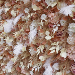 Aperturee - Aperturee Elegant Peach and Pink Artificial Flower Wall with White Feathers Romantic Roses and Pampas Grass Decor