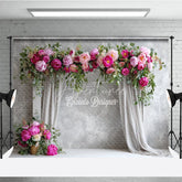 Aperturee - Aperturee Elegant Peony Floral Arch Photography Backdrop Grey Curtains on Textured Wall Wedding Photo Booth Background