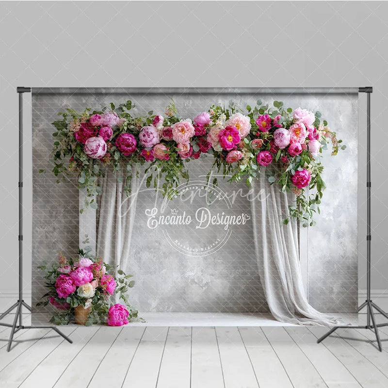 Aperturee - Aperturee Elegant Peony Floral Arch Photography Backdrop Grey Curtains on Textured Wall Wedding Photo Booth Background