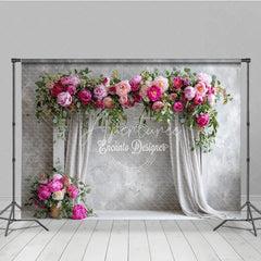 Aperturee - Aperturee Elegant Peony Floral Arch Photography Backdrop Grey Curtains on Textured Wall Wedding Photo Booth Background