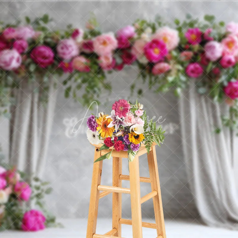 Aperturee - Aperturee Elegant Peony Floral Arch Photography Backdrop Grey Curtains on Textured Wall Wedding Photo Booth Background