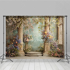 Aperturee - Aperturee Elegant Photography Backdrop with Classical Stone Columns Lush Floral Arrangements and an Arched Window