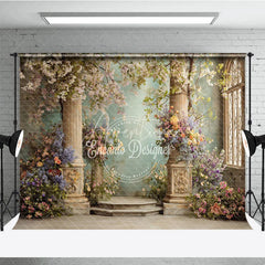 Aperturee - Aperturee Elegant Photography Backdrop with Classical Stone Columns Lush Floral Arrangements and an Arched Window
