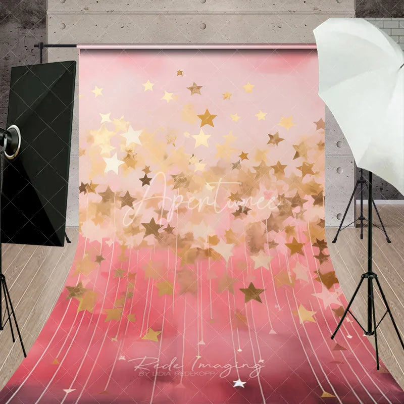 Aperturee - Aperturee Elegant Pink and Gold Falling Stars Sweep Backdrop Dreamy Celebration Photography Background for Birthday Parties