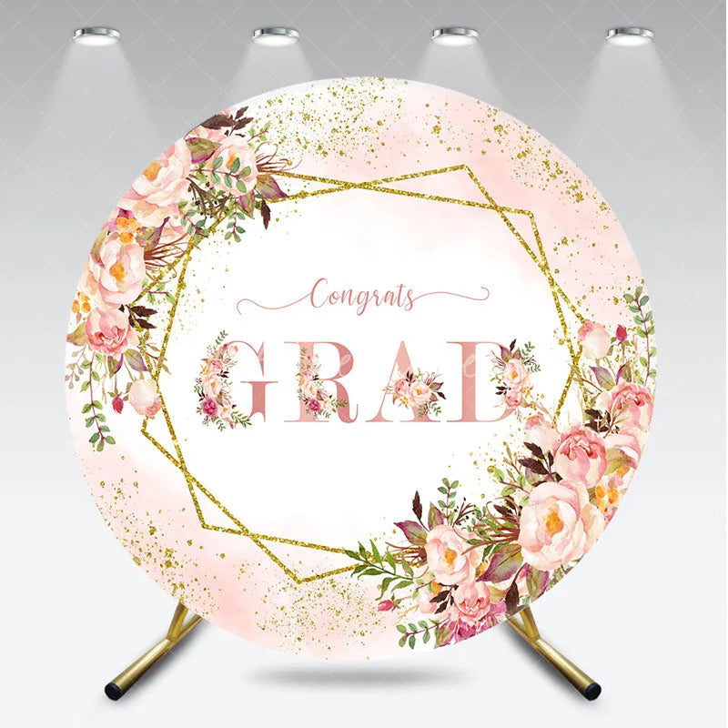Aperturee - Aperturee Elegant Pink and Gold Glitter Graduation Round Backdrop Floral Congrats GRAD Design for Party Decor