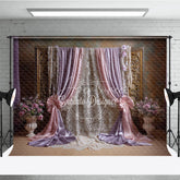 Aperturee - Aperturee Elegant Pink and Lavender Draped Curtains Photography Backdrop Golden Frame Lace and Floral Decor for Portraits
