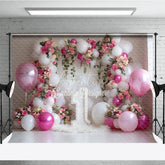 Aperturee - Aperturee Elegant Pink and White Balloons Floral Photography Backdrop with Number One for First Birthday Celebration
